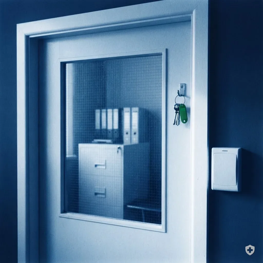 Cyanotype of a locked records-room door with a badge reader and a filing cabinet behind glass