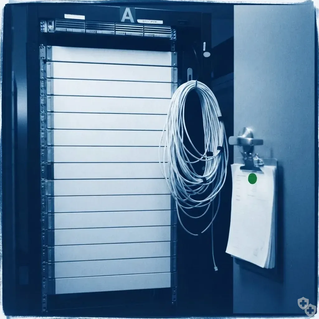 Cyanotype of an open server closet with a rack, coiled cables and a clipboard on the door