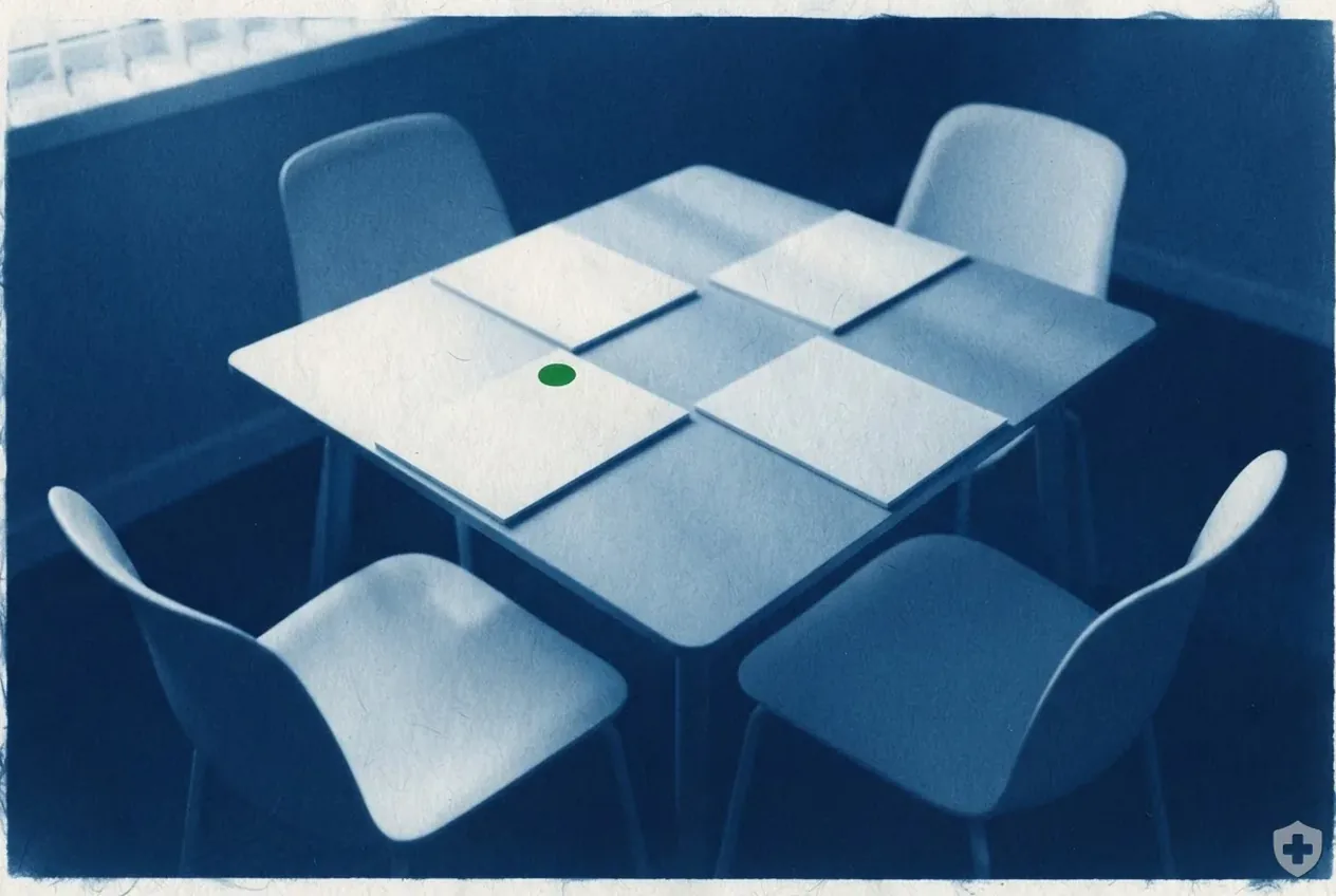 Cyanotype vignette of a meeting table ringed with empty chairs and blank pads