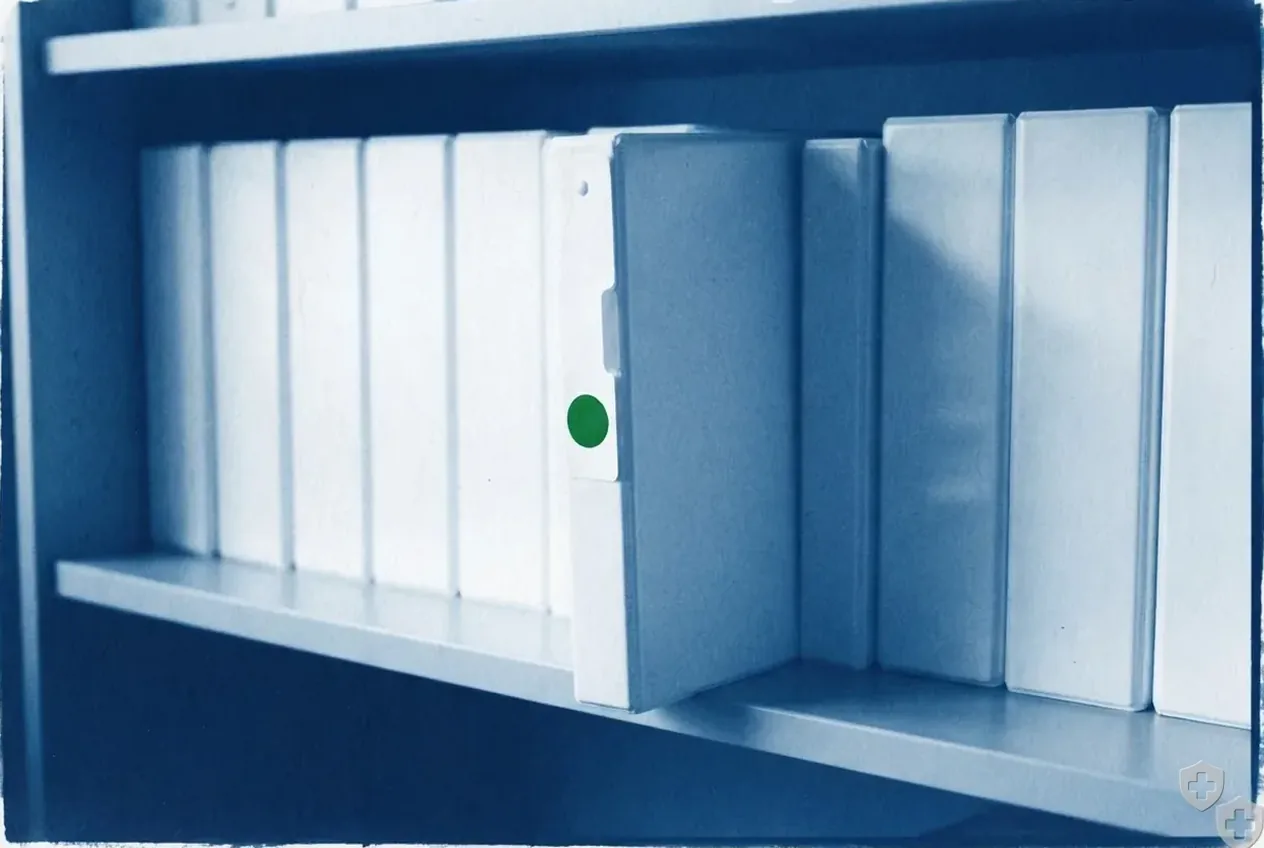 Cyanotype vignette of a shelf of policy binders with one pulled halfway out